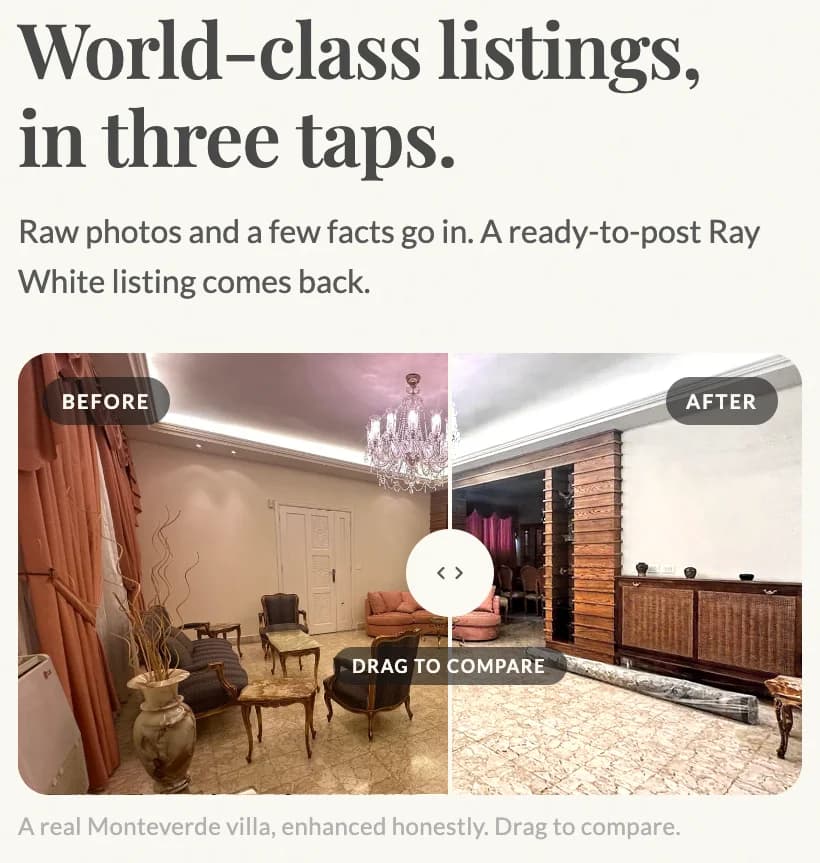 The listing engine. A raw villa photo and the enhanced version side by side, with a drag-to-compare handle.